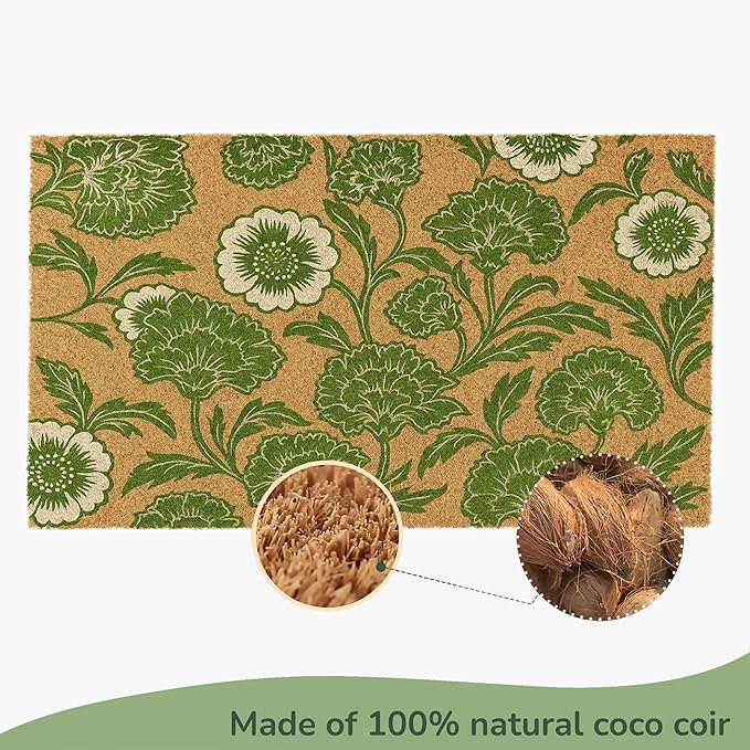 Coir Door Mat, Floral Print Entryway Floor Mats with Non-Slip PVC Backing, Indoor Outdoor Mat for Front Door Decor, Door Mat, Welcome Mats with Chelsea Flower Print, Green, 30”x 17”