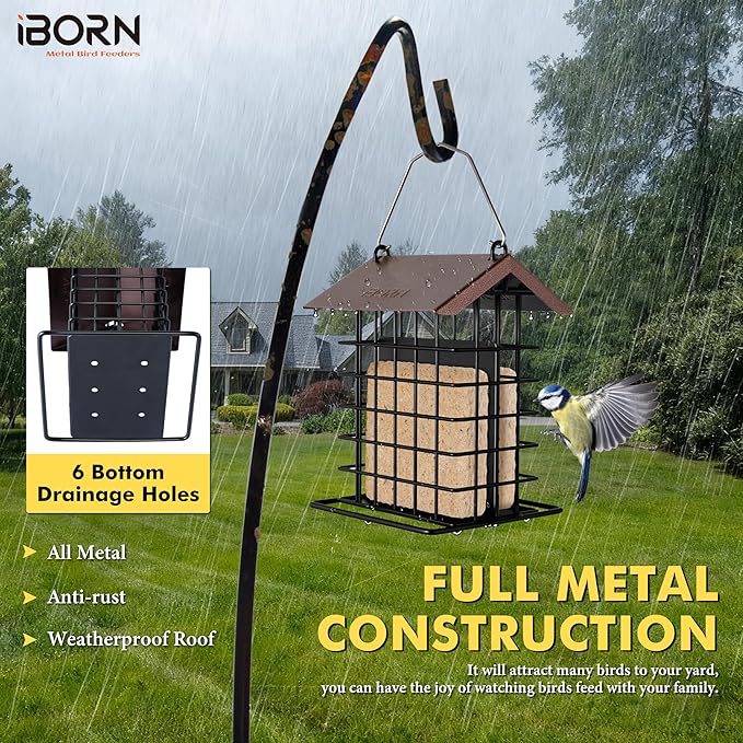 iBorn Suet Feeder for Outside Hanging,Suet Bird Feeders for Outdoors,Suet Holder With Squirrel Proof Hanger Hook,Suet Cage Bird Feeder,Woodpecker Feeder,Weatherproof Metal Roof,All Metal,1 Pack,Coffee