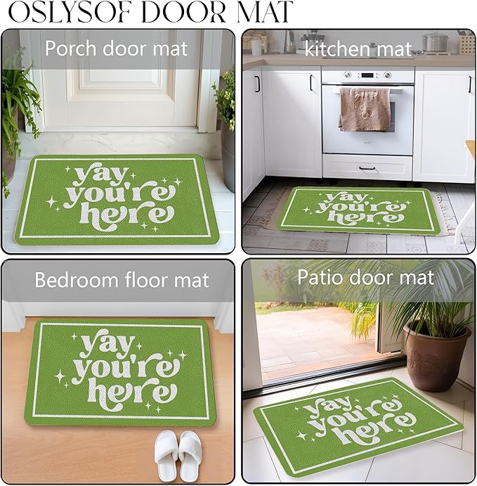 Funny Green Door Mat, Yay You're Here Doormat for Front Door Indoor Outdoor Porch Entrance Entryway, Funny Welcome Mat Outside, 17x30 Inches