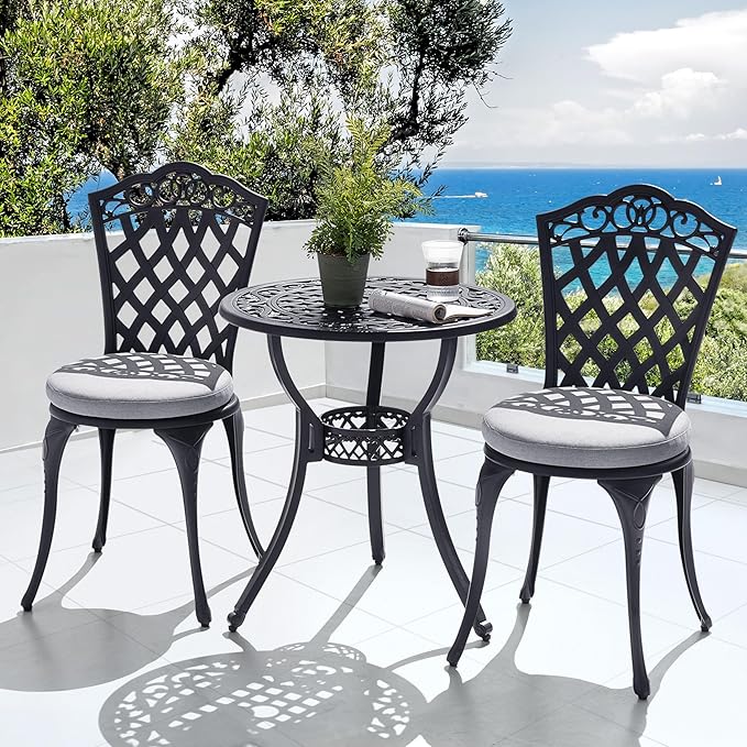 NUU GARDEN Patio Bistro Set 3 Piece, Outdoor Cast Aluminum Bistro Table and Chair Set of 2, Outdoor Patio Bistro Set with Gray Cushions and Umbrella Hole for Balcony, Garden, Lawn, Black