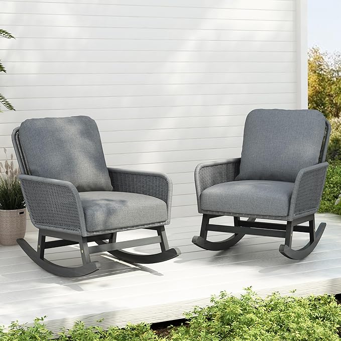 Christopher Knight Home Nadine Patio Rocking Chairs Set of 2, Wicker Rocker, Wood Rocking Chair, PE Rattan Wicker Chair, Rocking Chair with Cushions, Comfort Wicker Rocker for Backyard Balcony, Gray