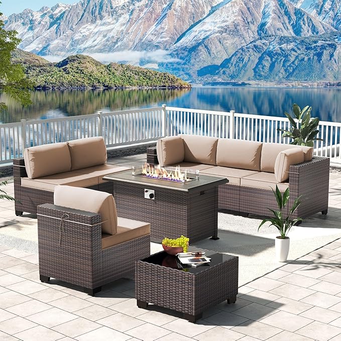 Kullavik 8 PCS Outdoor Patio Furniture Set with 43" 55000BTU Gas Propane Fire Pit Table PE Wicker Rattan Sectional Sofa Patio Conversation Sets,Khaki