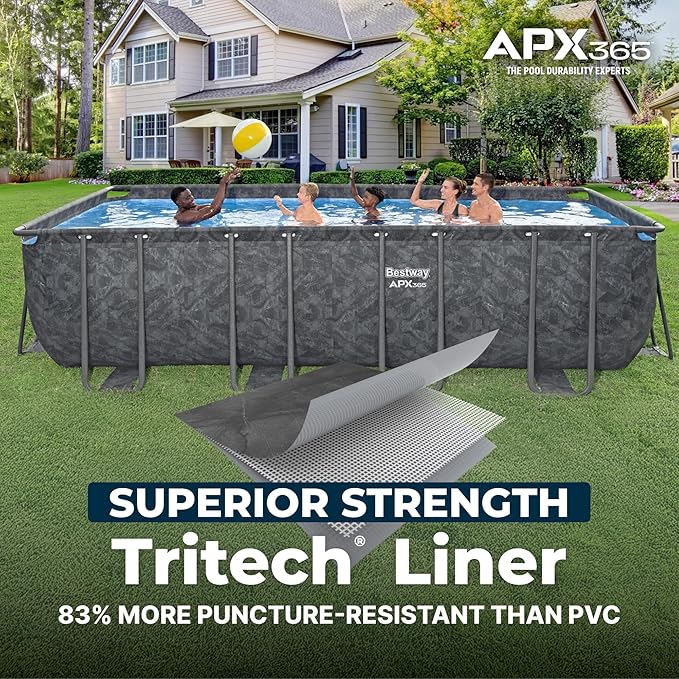 Bestway APX 365 18' x 9' x 52" Above Ground Pool, Rectangular Metal Frame Outdoor Swimming Pool Set with Sand Filter Pump, Ladder, and Cover, Dark Marble