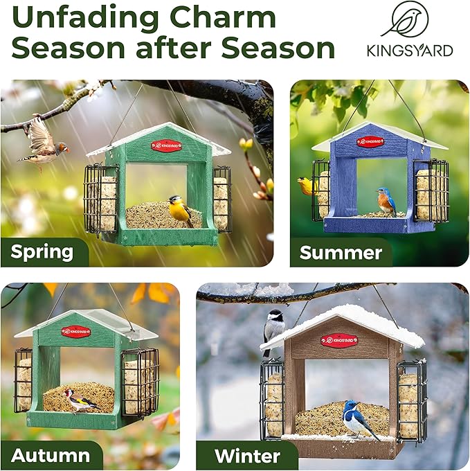 Kingsyard Hopper Bird Feeder for Outdoor Hanging - Recycled Plastic Double Suet Cages Wild Bird Feeder with Metal Mesh Tray and Rainproof Roof, 2.5 LBS Large Capacity. Brown