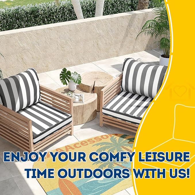 AAAAAcessories Outdoor Deep Seat Cushions, Waterproof, Fade-Resistant Patio Furniture Replacement Cushions, 25.5" x 25.5" x 5" + 25.5" x 19", Set of 4, Gray Cabana Stripe