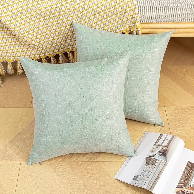 Kevin Textile Pack of 2 Decorative Outdoor Waterproof Pillow Covers Spring Checkered Garden Cushion Sham Throw Pillowcase Shell for Patio Tent Couch 18x18 Inch Mint