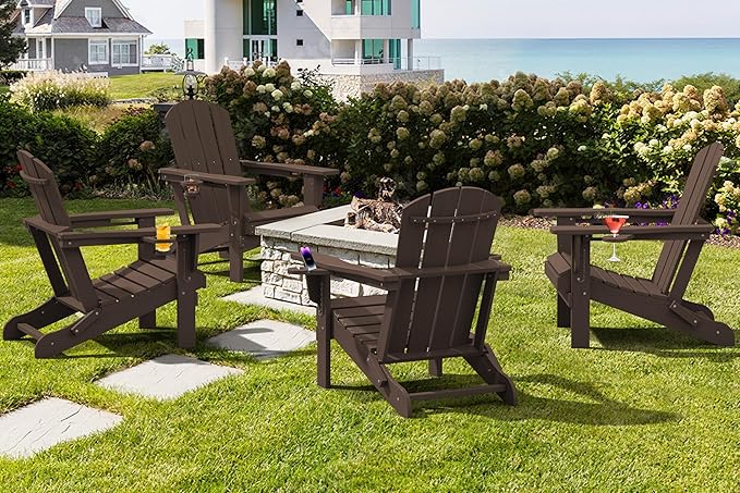 SERWALL Adirondack Chair with Cup Holders - Composite Adirondack Chairs Set of 2 HDPE Outdoor Chairs All Weather Use- Coffee