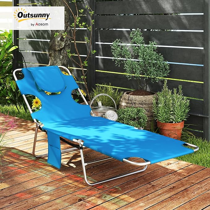 Outsunny Chaise Lounge Chair Outdoor with Face Arm Hole, 5-Position Reclining Face Down Tanning Chair with Carry Strap, Side Pocket, Portable Folding Bed Cot for Patio Beach Pool, Light Blue
