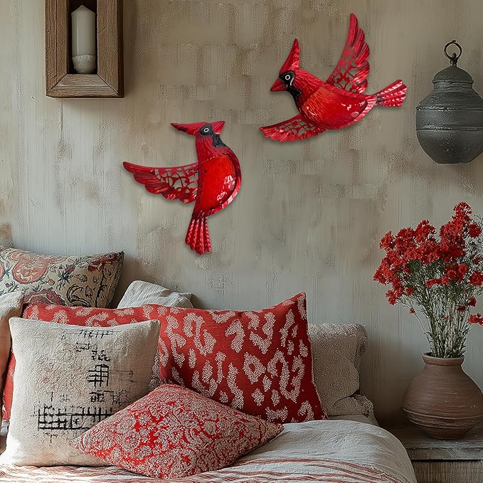 HONGLAND Metal Cardinal Wall Art 12inch Metal Birds Wall Sculpture Garden Decoration Outdoor Statue Patio Fence Hanging Plaques 2 Pack