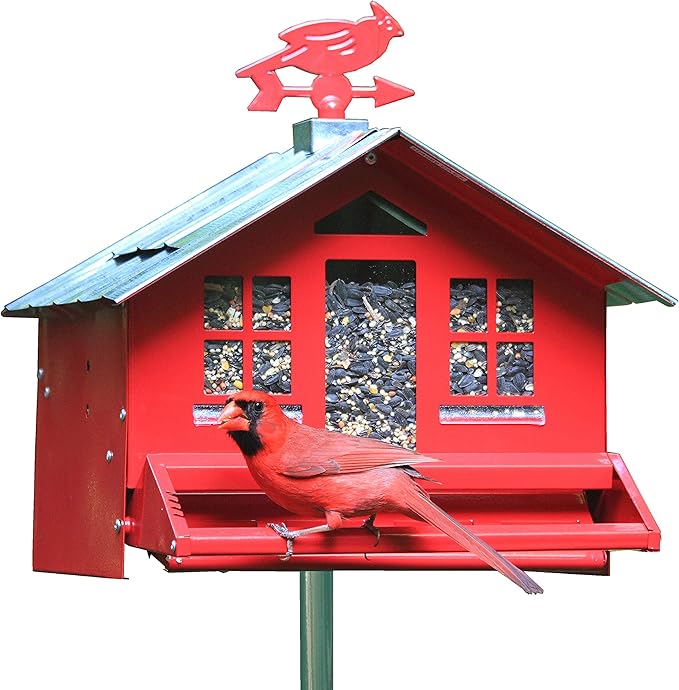 Perky-Pet Squirrel-Be-Gone II Country House Bird Feeder with Weathervane - 8 lb Seed Capacity - Squirrel Proof Wild Bird Feeder for Outdoors - Durable Construction - Rustic Outdoor Decor - 338, Red