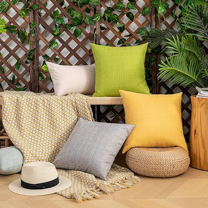 Kevin Textile Pack of 2 Outdoor Waterproof Throw Pillow Covers Decorative Square Outdoor Checkered Pillows Cushion Case Patio Pillows for Couch 12x20 inches 30x50 cm Light Beige