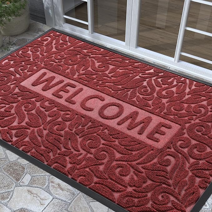 Yimobra Large Welcome Mat 47x32, Waterproof Non-Slip Outdoor Mats for Front Door Outside Entrance, Low-Profile Entryway Mat Indoor for Garage Patio, Wine Red