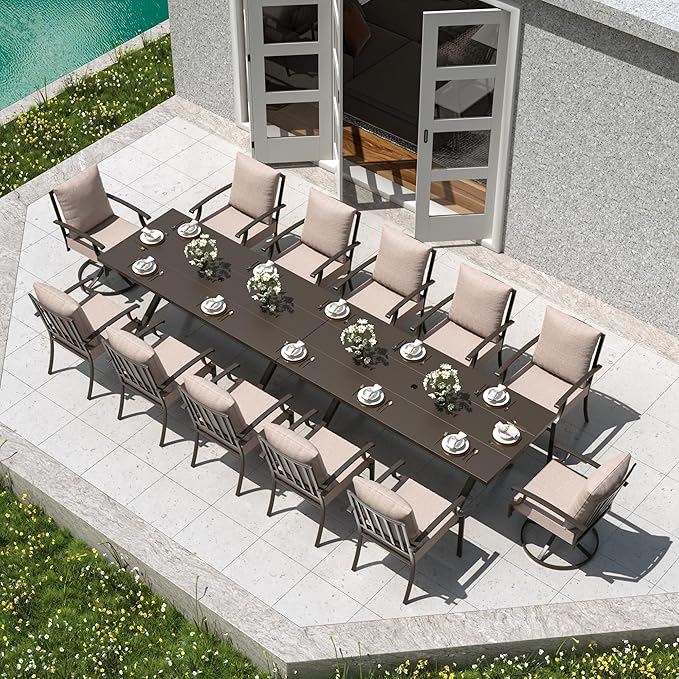 Kullavik 14 PCS Outdoor Dining Table Set for 12,Fence Pattern Back Chairs & Swivel Chairs,Iron Longboard X-Leg Table w/Parasol Hole,Patio Furniture Set for Backyard,Garden,Poolside-Sand