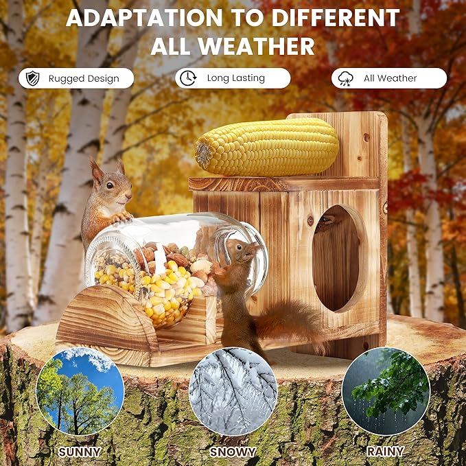 Squirrel Feeder, Wood Squirrel Feeders for Outside, Chipmunk Feeder for Corn Peanuts, Removable Storage Bottle, 1 Stable Squirrel Stools