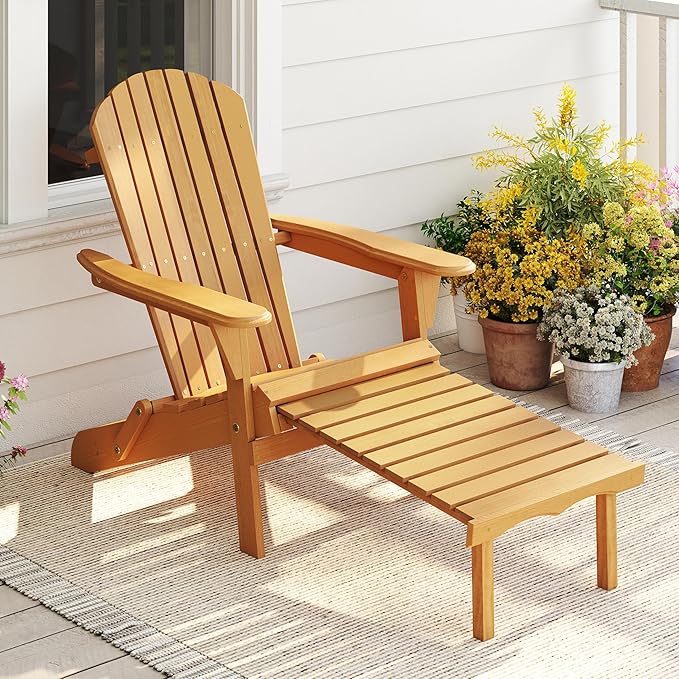 Outdoor Wooden Folding Adirondack Chair with Retractable Ottoman, Wood Patio Chair with Footrest for Garden Backyard Porch Pool Deck Firepit