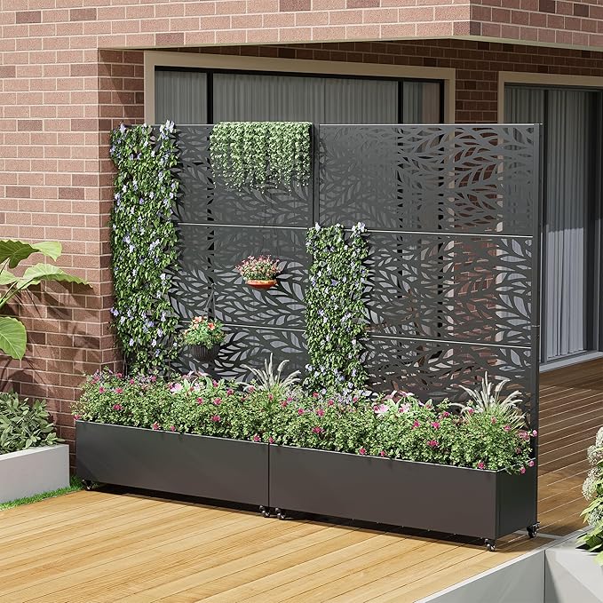 Casaphoria Metal Raised Garden Bed with Trellis and Wheels, 72"x47"x16" Planter Box for Climbing Plants, Vegetables & Vines, Features Drainage Holes and Privacy Screen (Black-Spring)