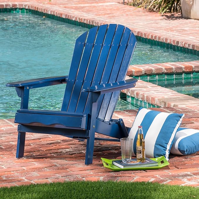 Merax Folding Adjustable Acacia Wood Adirondack Chairs, Water Proof Outdoor Wooden Fire Pit Lounge Reclining Chair for Yard, Garden, Patio, Blue
