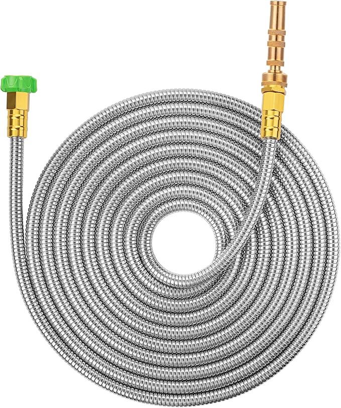 UNCO- Stainless Steel Metal Hose with 4 Function Brass Nozzle, 25 ft, No Kink, Metal Garden Hose