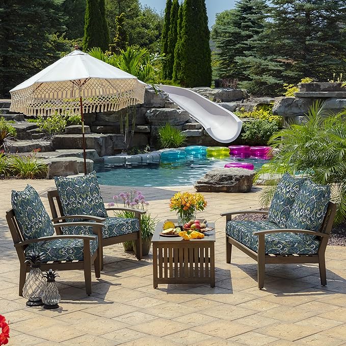 Arden Outdoor Deep Seat Cushion Set, 22 in x 24 in, Weather-Proof, Rain-Proof, Fade Resistant Patio Cushion Sapphire Aurora Blue Damask