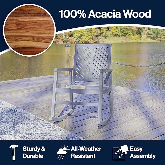 JONATHAN Y RCK100B Ned Modern Chevron-Back 300-Lbs Support Acacia Wood Patio Outdoor Rocking Chair for Garden, Lawn, Backyard, Pool, Deck, Beach, Firepit, Gray