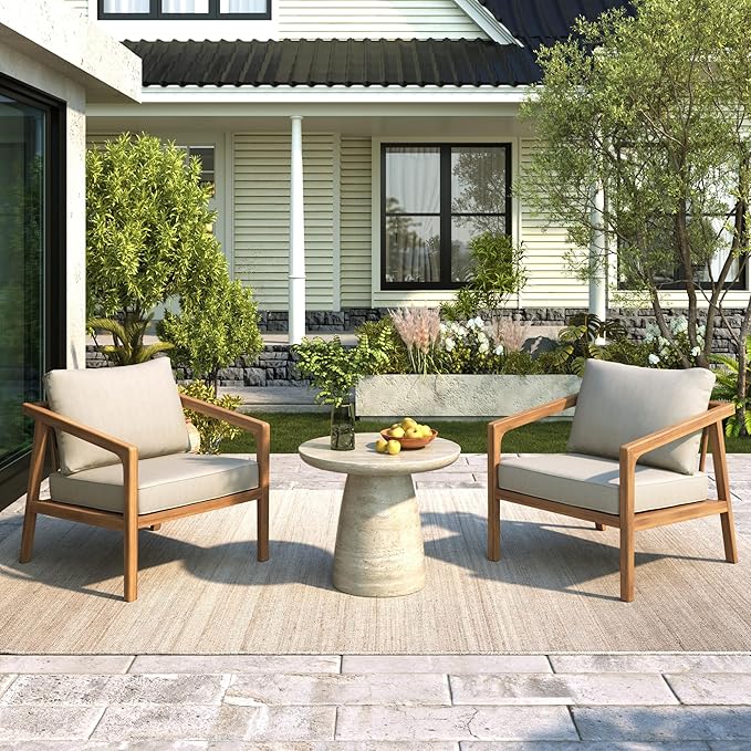 Christopher Knight Home Set of 2 Leland Patio Furniture Acacia Wood Club Chairs, Outdoor Lounge Chair, Relaxing Armchair/Accent Chair, Removable Cushion, Deep Seating, Sturdy Construction, Teak+Beige