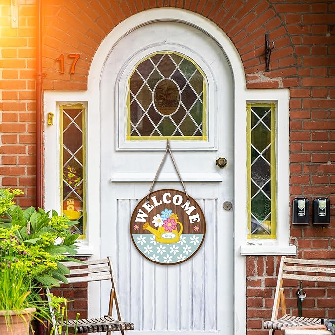 Spring Hanging Decor For Front Door, Watering Can With Flowers Welcome Spring Round Sign Decor For Farmhouse Home Yard Porch, Hello Spring Decorations, Spring Wall Plaque Gifts For Friends Family -02