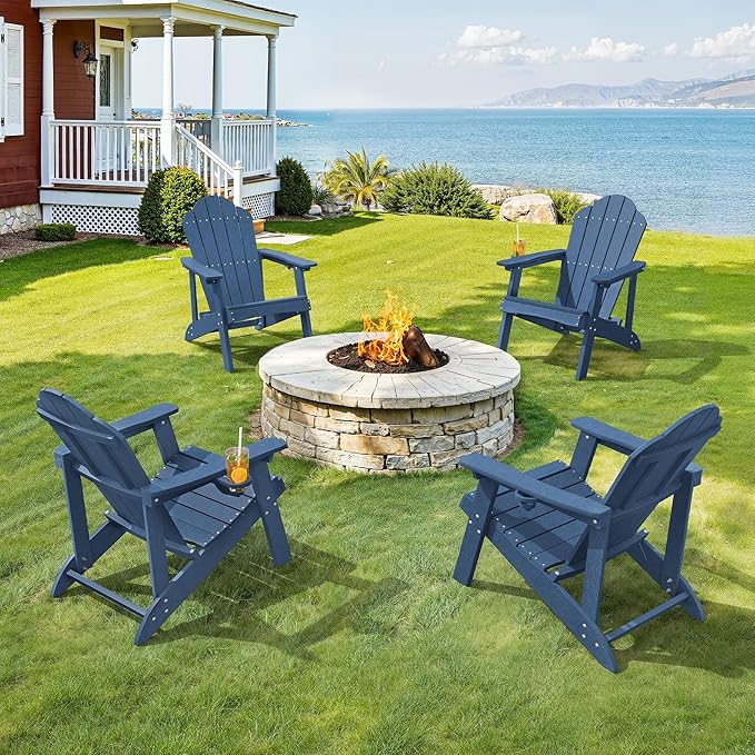 LUE BONA HDPE Adirondack Chairs Set of 4 - Weather Resistant Seating with Cup Holder for Poolside, Fire Pit, Deck & Resort Patio, Blue