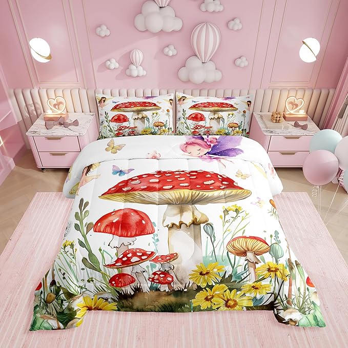 Erosebridal Fairy Garden Full Bedding Set,Kawaii Mushroom Comforter Set for Kids Teen Girls,Cute Floral Butterfly Comforter,Dreamy Fairy Flower Bedroom Room Decor,2 Pillowcases Reversible