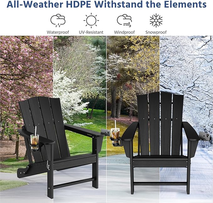 Yaheetech Folding Adirondack Chair Outdoor, HDPE Plastic Adirondack Chair with Cup/Mobile Phone Holder for Deck, Patio, Pool, Backyard, Weather Resistant, Wooden Texture, Easy Assembly Black
