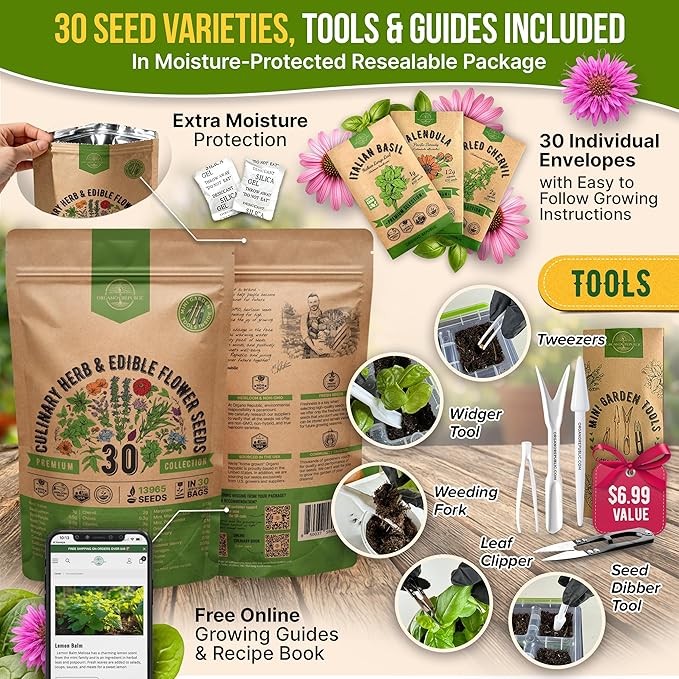Organo Republic 30 Culinary Herbs & Edible Flower Seed Variety Pack- Indoor/Outdoor. 14000+ Non-GMO Heirloom Flower Seeds: Basil, Borage, Echinacea, Lavender, Oregano, Rosemary Seeds & More