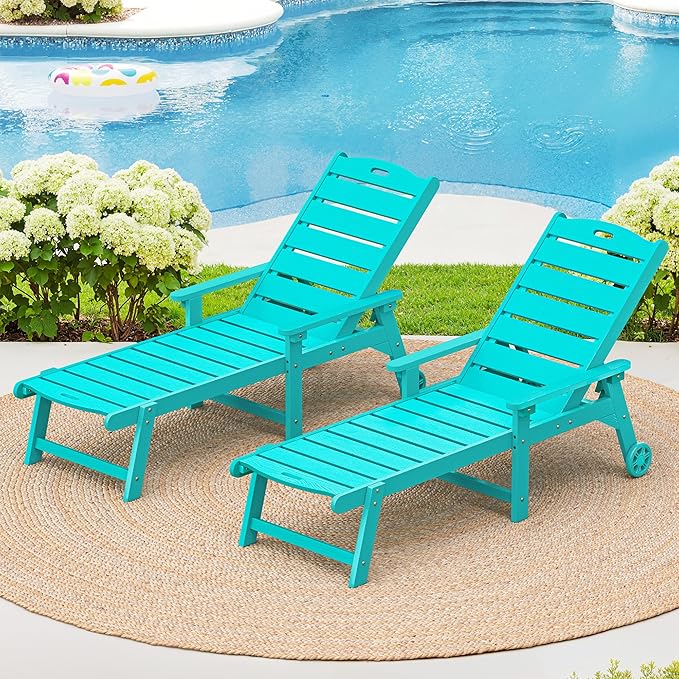 LUE BONA Outdoor Chaise Lounge Chairs Set of 2, HDPS Chaise Lounger, 5 Positions Adjustable Lounge Chairs, Pool Lounge Chair with Wheels for Poolside, Aruba Blue
