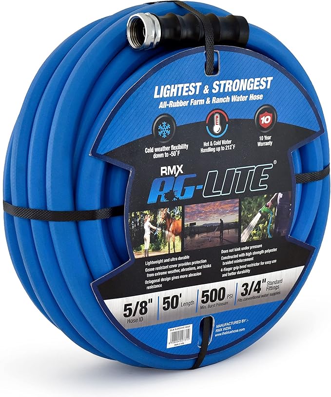 AG-LITE BSAL5850 5/8" x 50' Hot/Cold Water Rubber Garden Hose, 100% Rubber, Ultra-Light, Super Strong, 500 PSI, 50F to 190F Degrees, High Strength Polyester Braided