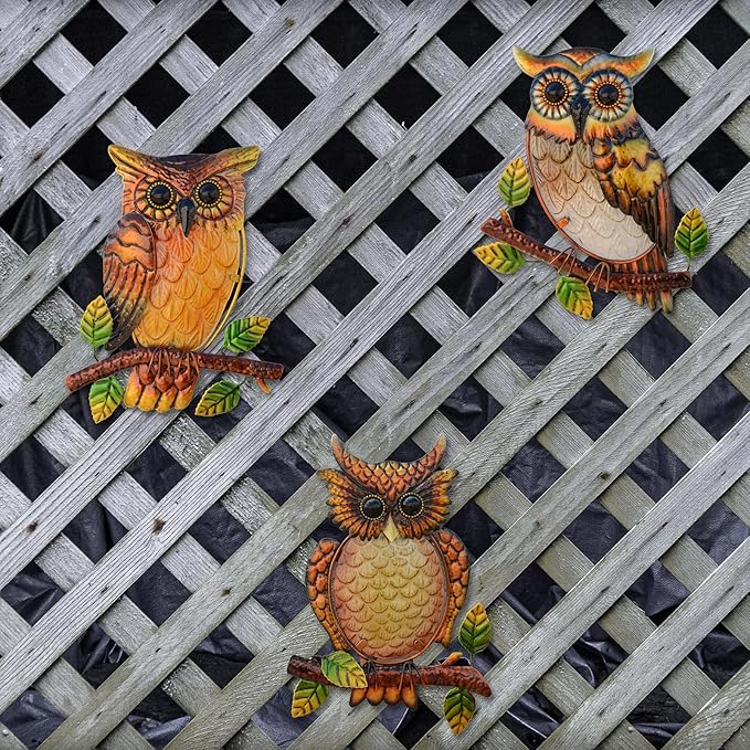 Owl Decor Metal Wall Art Outdoor Indoor,9 Inch Set of 3,Exquisite Owl Decorations for Home Garden Patio Porch Bedroom Kitchen, Metal Bird Wall Art