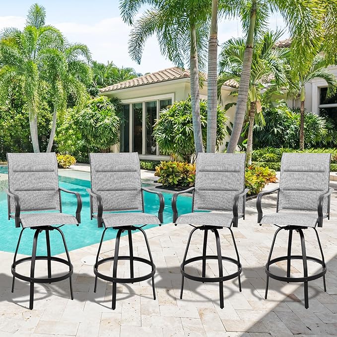 Vongrasig 4 Piece Outdoor Patio Swivel Bar Chairs, All Weather Padded Sling Textile High Top Bar Stools, Bistro Set for Backyard, Lawn Garden, Balcony, Padded Light Gery
