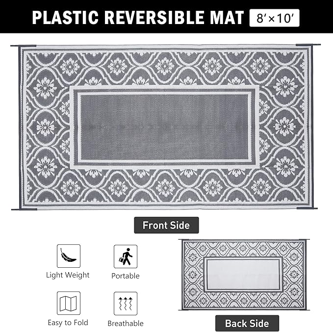 HUGEAR Outdoor Rug 8x10 Patio Waterproof Mat Camping Carpet Outside Area Rug Reversible Grey Rugs for RV Deck Entryance Porch Picnic Balcony Beach