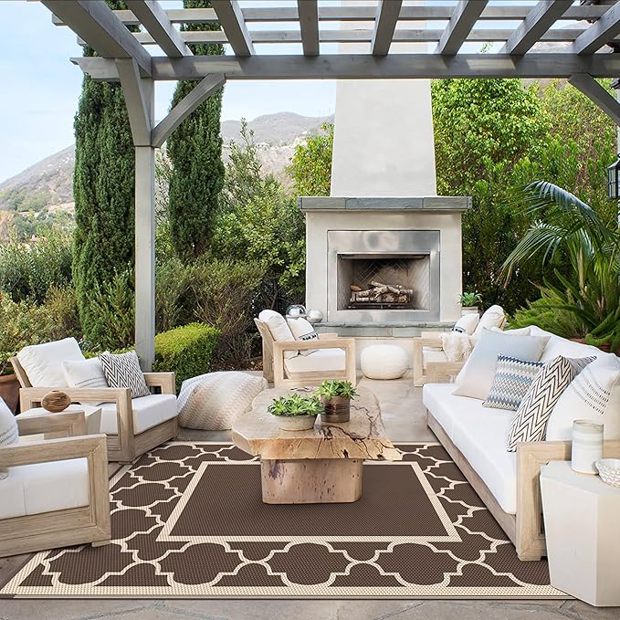 GENIMO 4 ' x 6 ' Outdoor Rug for Patio Clearance, Waterproof Indoor Outdoor Plastic Straw Rugs Carpet, Reversible Outside Area Rv Mat for Camping, Balcony Porch, Deck, Picnic, Beach (Coffee & Beige)