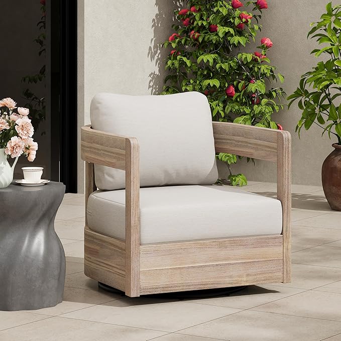 Christopher Knight Home Telluride Outdoor Acacia Wood Swivel Club Chair with Removable Cushion, 360° Rotating Patio Armchair for Garden, Balcony, or Poolside Seating, Beige + Light White