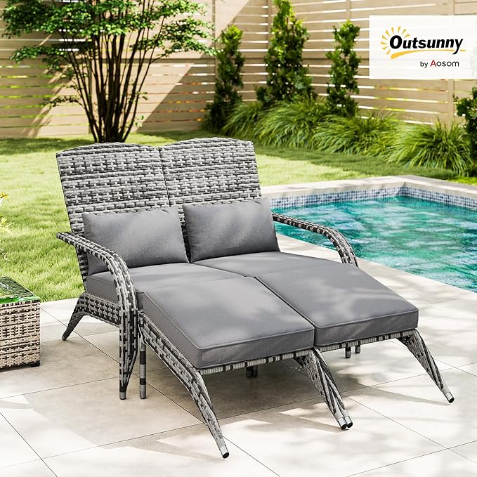 Outsunny Wicker Adirondack Chair for 2 with Cushions & Footrests, PE Rattan Double Chaise Lounge Chair, Fire Pit Chair for Porch with High-Back, Wide Armrests, Mixed Gray