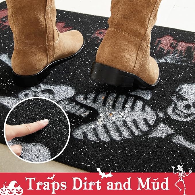 Skeleton Front Door Mat Indoor Outside Entrance, Heavy Duty Dirt Trapper Doormat with Non Slip Backing Entryway Mat for Front Back Door, 24'' x 36'', Skeleton Black