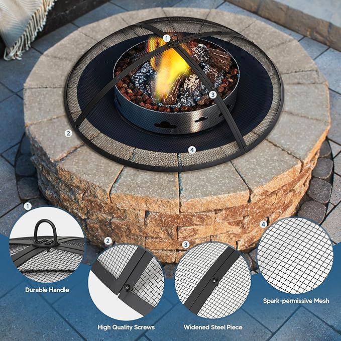 SUNCREAT Outdoor Fire Pit Spark Screen Cover Accessory, 40 Inch Patio Round Fire Mesh Screen Guard, Heavy Duty Steel Firepit Ember Lid, 40 Inch