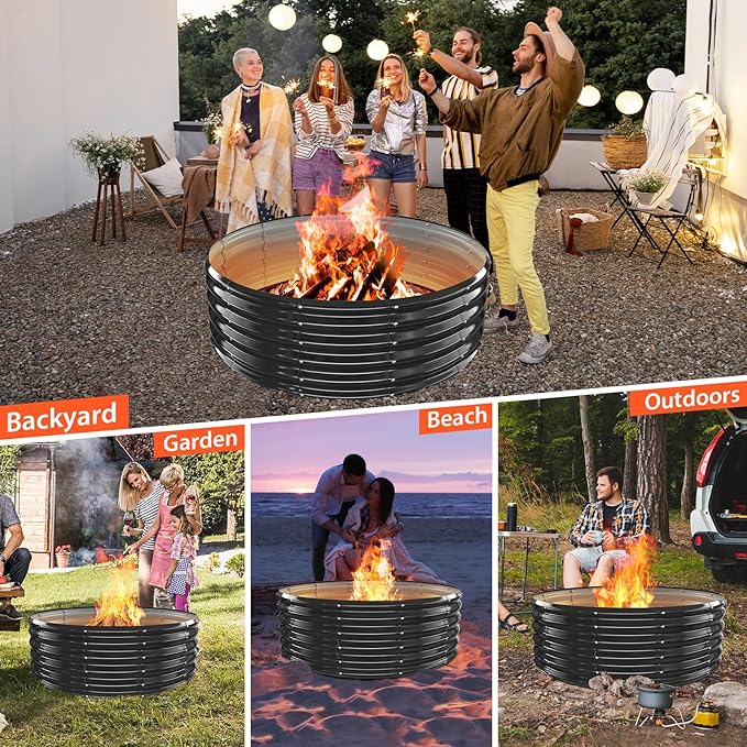 48 Inch Round Galvanized Fire Pit Ring/Fire Ring - Foldable and Perfect for Outdoor Gatherings and Campfires in The Yard/Garden/Park/Beach (Black+Gray, 4 FT Diameter+1.5 FT Tall)