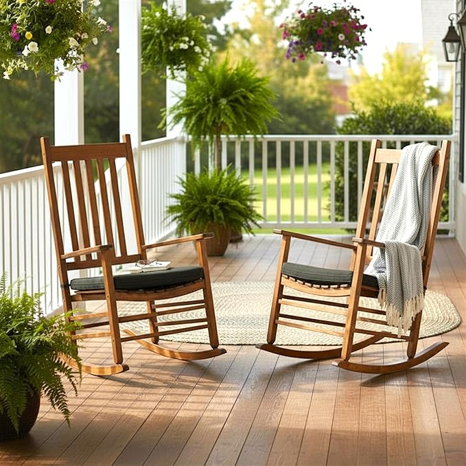 Shine Company Weather-Resistant Outdoor Rocking Chair Seat Cushions, 22"x20", Performance Fabric with Foam Core, Removable Cover with Ties, Set of 2, Black