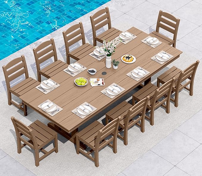SERWALL 11 Piece Outdoor Dining Set, 84" HDPE Outdoor Table and Chairs for 10，All Weather Patio Furniture Set with Umbrella Hole for Backyard, Garden, Brown