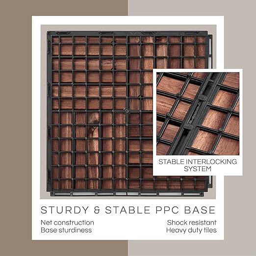 Deck Tiles, Patio Flooring - Outdoor Waterproof Acacia Wood Tiles for All Weather Use - Balcony, Backyard, Indoor & Outdoor (Dark Brown Crossed Pattern, 30 Pcs - 30 Square Ft)