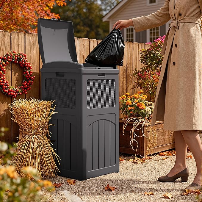YESHOMY 33 Gallon Resin Outdoor Trash Can with Lid, Hideaway Waterproof Patio Garbage Bin, Gray