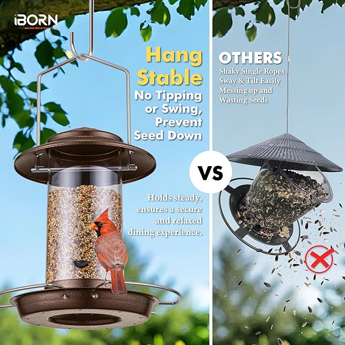 iBorn Bird Feeder Metal Squirrel Chew-Proof Bird Feeders for Outdoors Hanging Outside for Cardinal, Holds 1.5LB Seed with 3 Perchs, Brushed Coffee (Seed is not Included)