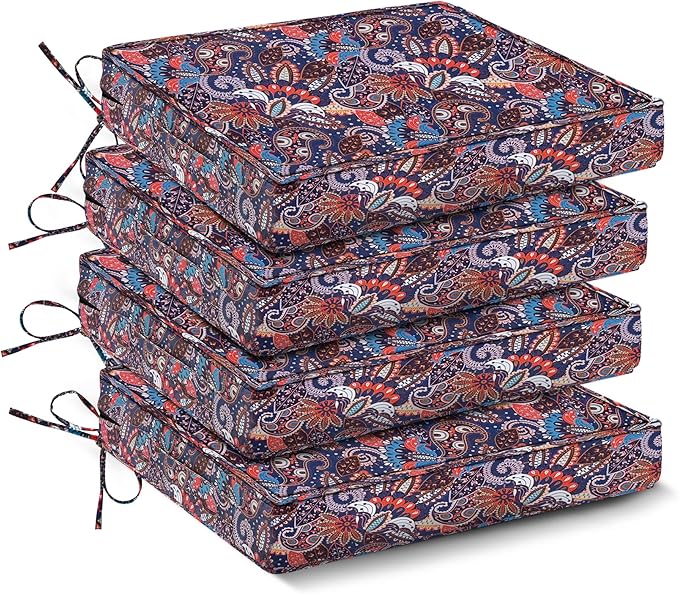 Outdoor Chair Cushions Set of 4,Waterproof Outdoor Seat Cushions for Patio Furniture,Patio Chair Cushion with Handle and Ties, Out Door Chair Pads,17" x 16" x 2", Artistic Floral