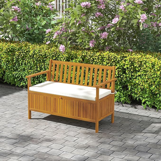 Outsunny Outdoor Bench with Storage Box, 28 Gallon Outdoor Storage Bench, Acacia Wood Garden Seat with Cushion, 2 Seater Patio Furniture for Park, Balcony, Teak