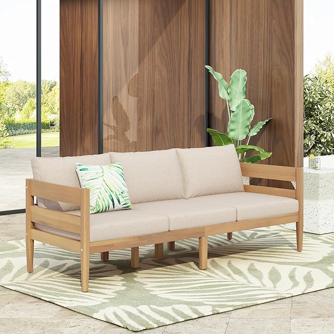 Christopher Knight Home Kavets 76.25'' W Outdoor 3 Seater Sofa with 5" Cushion, Acacia Wood Patio Sofa, Modern Slat Panel Bench, Spacious Seating Couch for Backyard Garden Porch, Light Teak+Beige