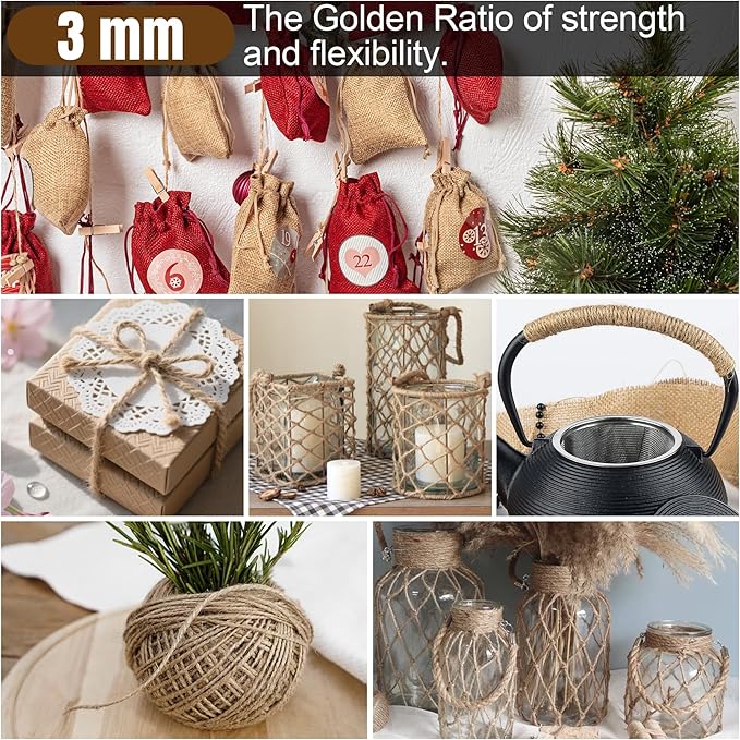Jute Twine 3mm 656 Feet Long Natural Jute Twine String for Garden, Crafts, Plant Tying, Gift Packing, DIY Projects(2Rolls, 328Feet/Roll)